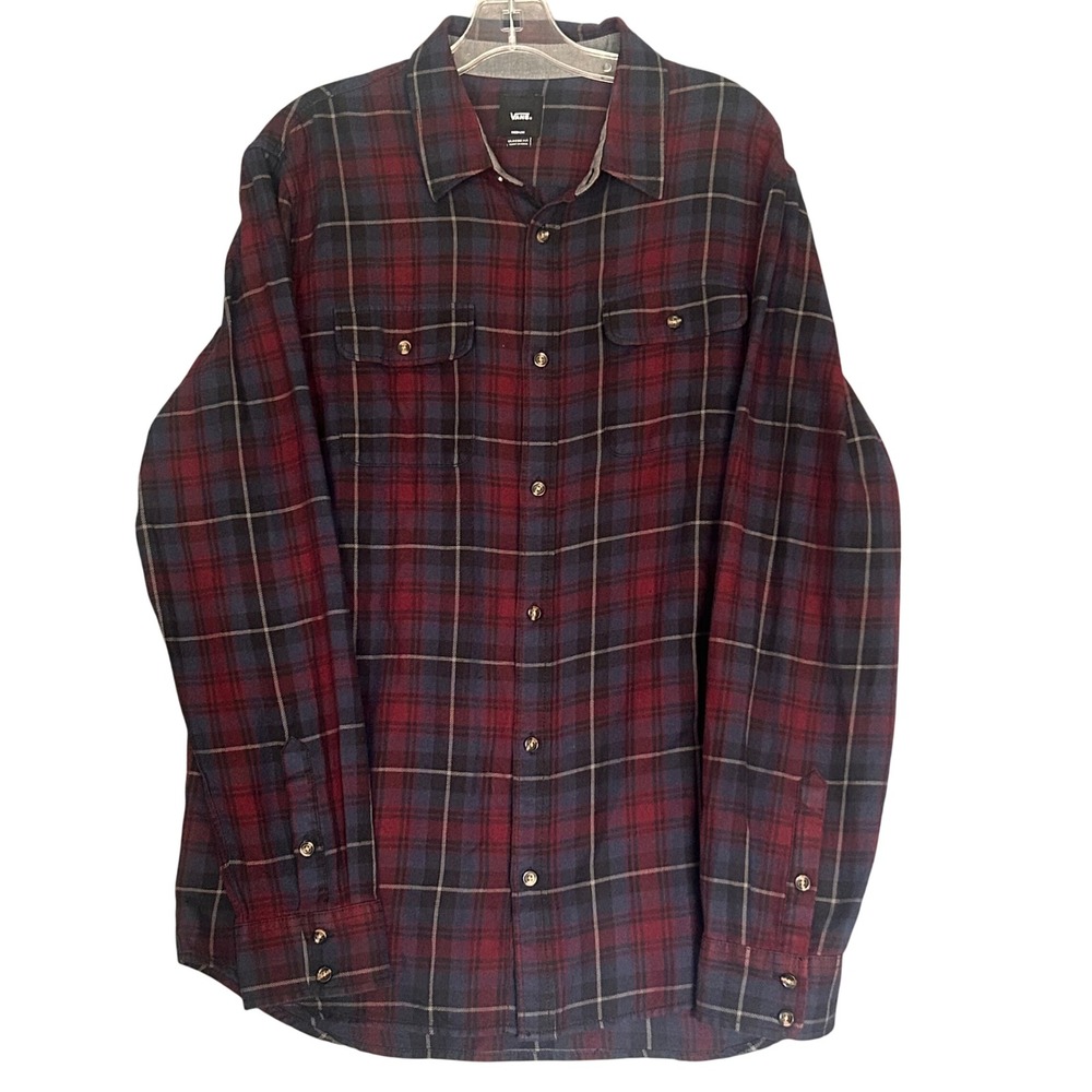 Vans Mens Classic Fit Flannel Shirt Burgundy Navy Blue Plaid Cotton Medium